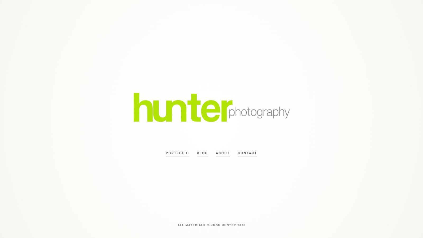 Screenshot of the Hunter Photography homepage: white minimal landing page with centered wordmark